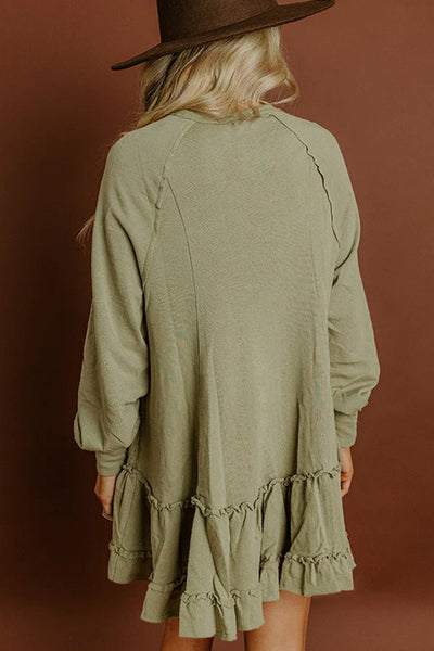 Women's Laurel Green Jacquard Ruffle Mini Dress with Long Sleeves