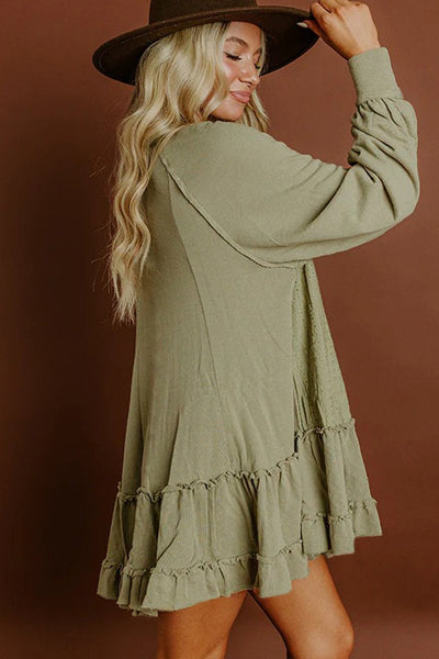Women's Laurel Green Jacquard Ruffle Mini Dress with Long Sleeves