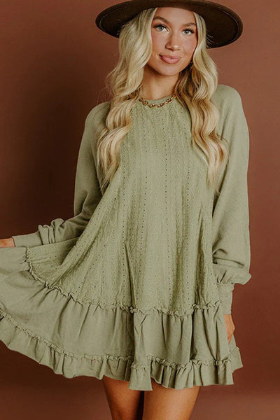 Women's Laurel Green Jacquard Ruffle Mini Dress with Long Sleeves