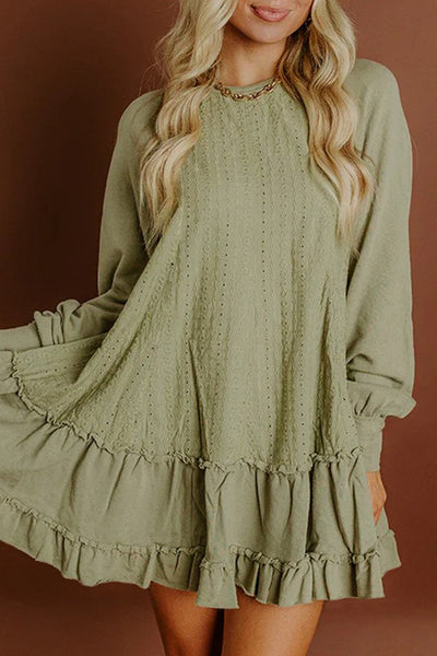 Women's Laurel Green Jacquard Ruffle Mini Dress with Long Sleeves