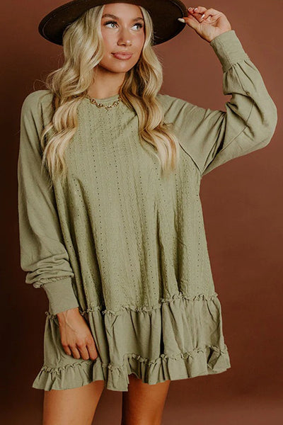Women's Laurel Green Jacquard Ruffle Mini Dress with Long Sleeves