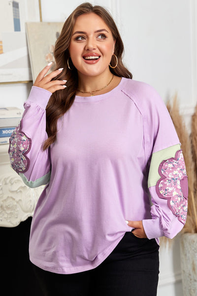 Women's Lavender Floral Appliqué Plus Size Colorblock Sweater