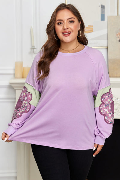 Women's Lavender Floral Appliqué Plus Size Colorblock Sweater