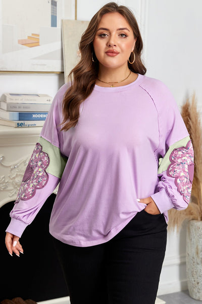 Women's Lavender Floral Appliqué Plus Size Colorblock Sweater