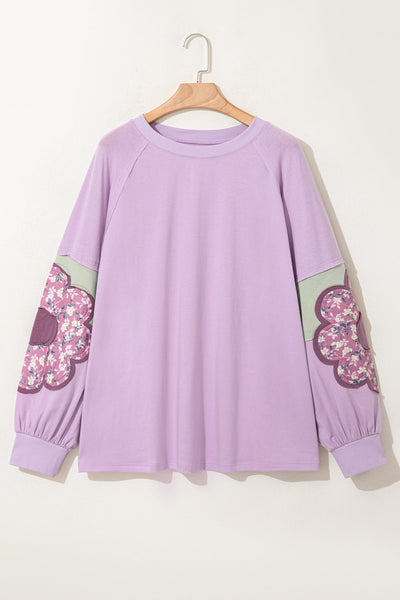 Women's Lavender Floral Appliqué Plus Size Colorblock Sweater