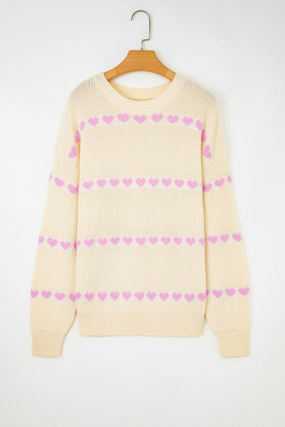 Women's Lavender Heart Ribbed Knit Sweater in Cream