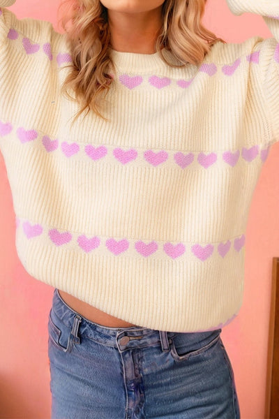Women's Lavender Heart Ribbed Knit Sweater in Cream