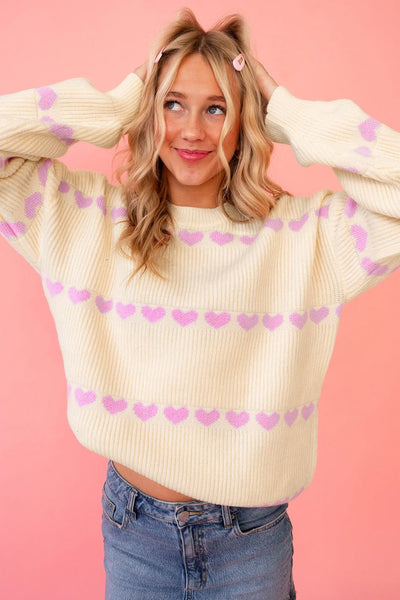 Women's Lavender Heart Ribbed Knit Sweater in Cream