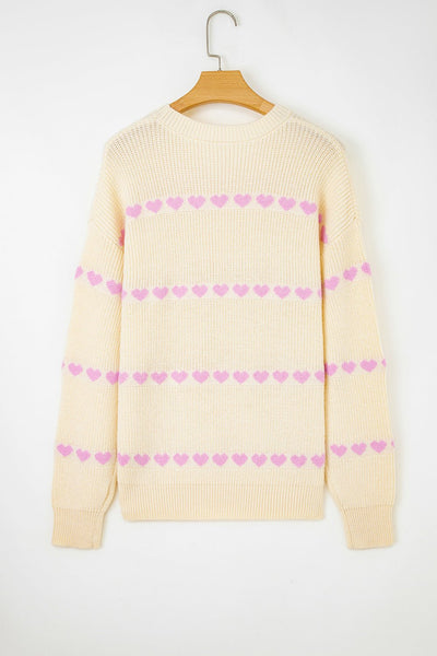 Women's Lavender Heart Ribbed Knit Sweater in Cream