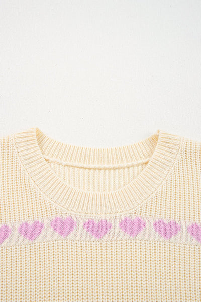 Women's Lavender Heart Ribbed Knit Sweater in Cream