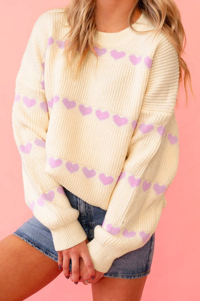 Women's Lavender Heart Ribbed Knit Sweater in Cream
