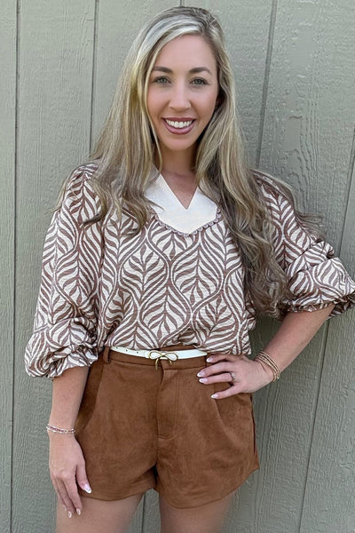 Women's Leaf Print Scalloped V-Neck Puff Sleeve Blouse