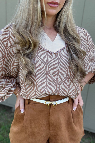 Women's Leaf Print Scalloped V-Neck Puff Sleeve Blouse