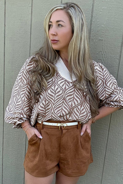 Women's Leaf Print Scalloped V-Neck Puff Sleeve Blouse