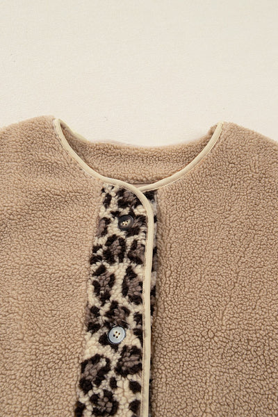 Women's Leopard Accent Camel Sherpa Jacket with Patch Pockets