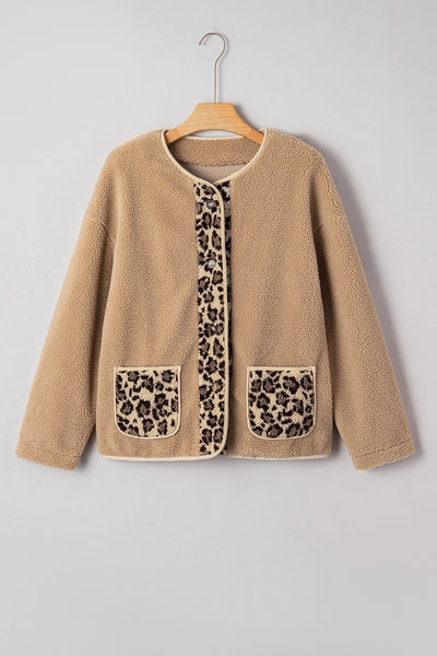 Women's Leopard Accent Camel Sherpa Jacket with Patch Pockets