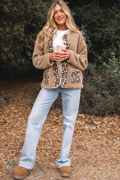 Women's Leopard Accent Camel Sherpa Jacket with Patch Pockets