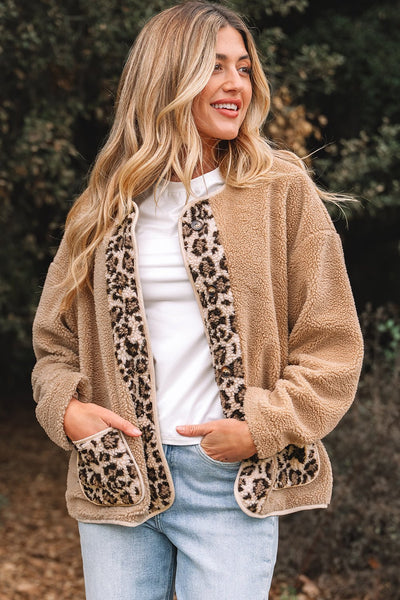 Women's Leopard Accent Camel Sherpa Jacket with Patch Pockets