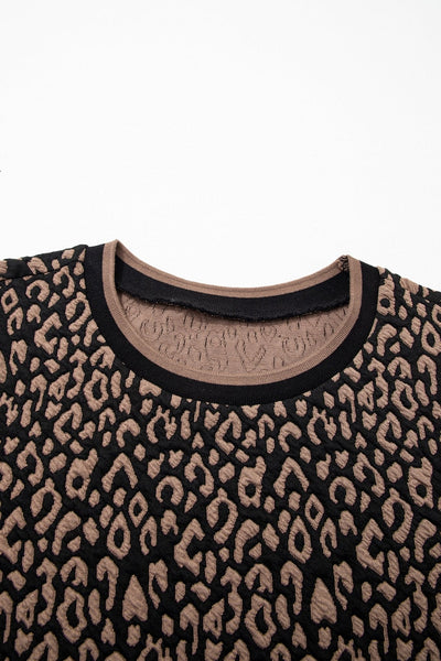 Women's Leopard Print Puffed Sleeve Blouse with Round Neckline