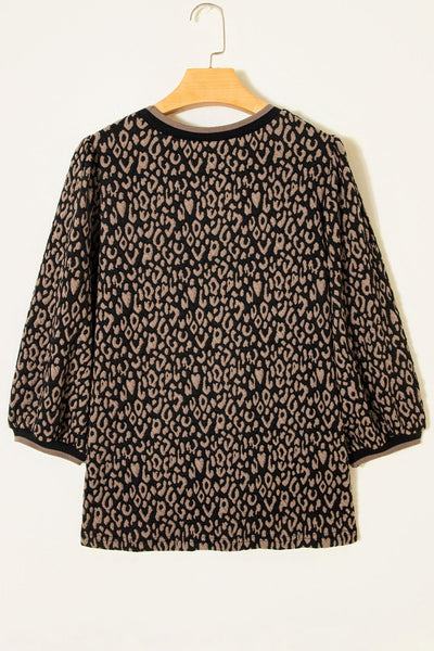 Women's Leopard Print Puffed Sleeve Blouse with Round Neckline
