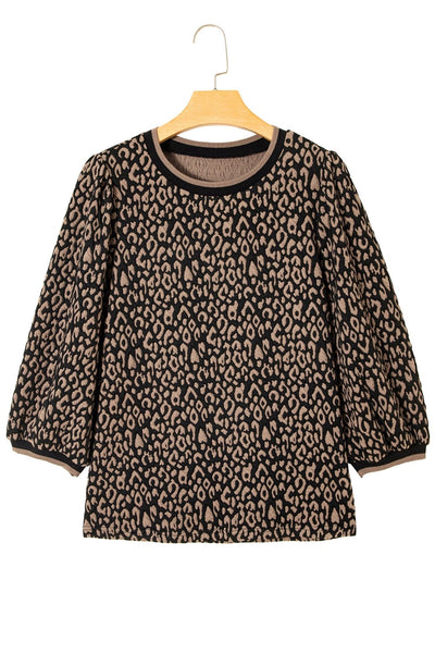 Women's Leopard Print Puffed Sleeve Blouse with Round Neckline