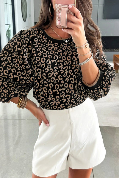 Women's Leopard Print Puffed Sleeve Blouse with Round Neckline