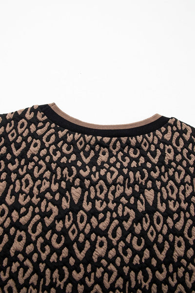 Women's Leopard Print Puffed Sleeve Blouse with Round Neckline