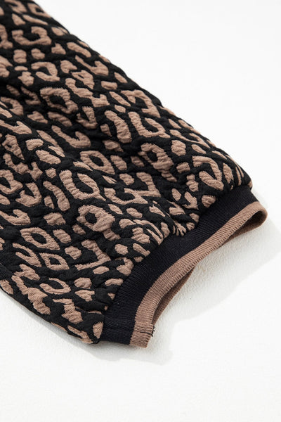 Women's Leopard Print Puffed Sleeve Blouse with Round Neckline