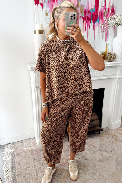 Women's Leopard Print Relaxed Tee and Barrel Leg Pant Set