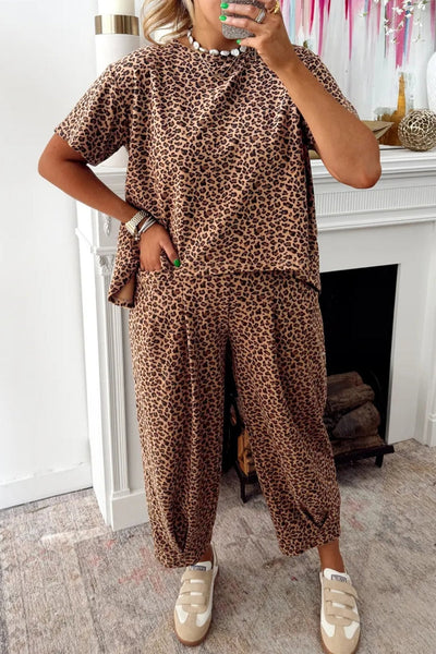 Women's Leopard Print Relaxed Tee and Barrel Leg Pant Set