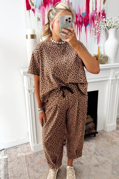 Women's Leopard Print Relaxed Tee and Barrel Leg Pant Set