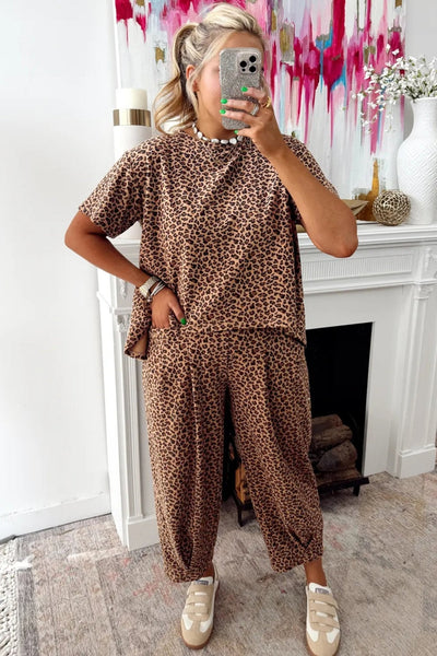 Women's Leopard Print Relaxed Tee and Barrel Leg Pant Set