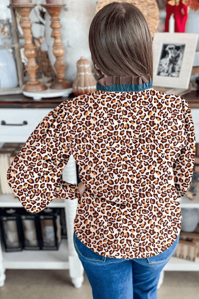 Women's Leopard Print Ruffle Neck Viscose Blouse in Earth Tones