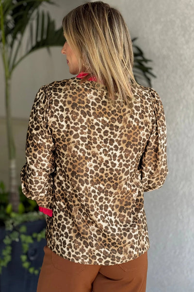 Women's Leopard Print Ruffle Trim Blouse in Viscose Blend