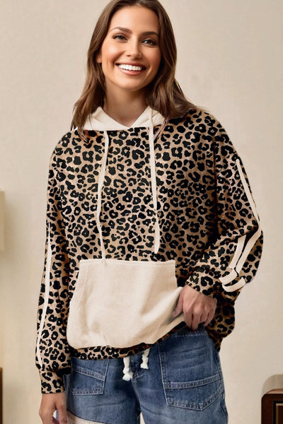 Women's Leopard Print Waffle Knit Hoodie with Kangaroo Pocket