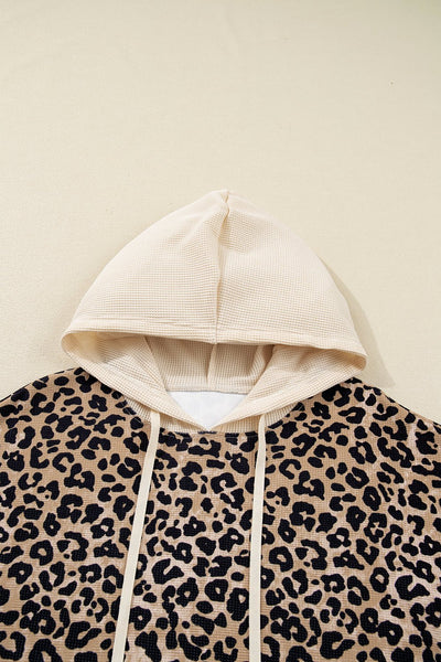 Women's Leopard Print Waffle Knit Hoodie with Kangaroo Pocket