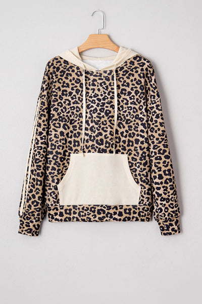 Women's Leopard Print Waffle Knit Hoodie with Kangaroo Pocket