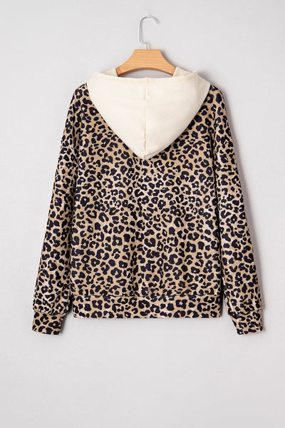 Women's Leopard Print Waffle Knit Hoodie with Kangaroo Pocket