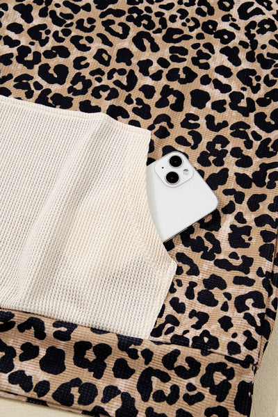 Women's Leopard Print Waffle Knit Hoodie with Kangaroo Pocket
