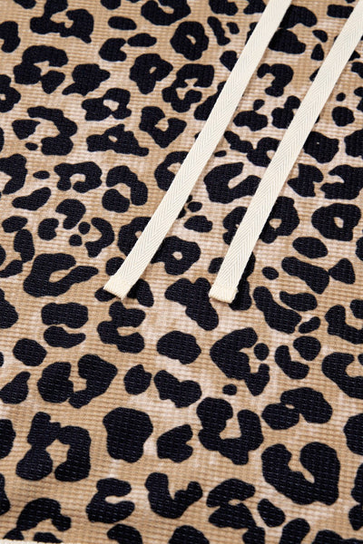Women's Leopard Print Waffle Knit Hoodie with Kangaroo Pocket