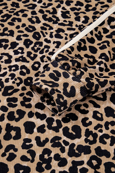 Women's Leopard Print Waffle Knit Hoodie with Kangaroo Pocket