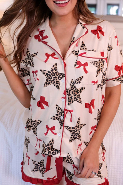 Women's Leopard Star and Bow Print Pajama Set with Ruffle Trim with practical styling and dependable silhouette control.