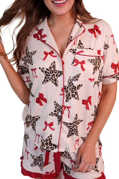 Women's Leopard Star and Bow Print Pajama Set with Ruffle Trim with practical styling and dependable silhouette control.