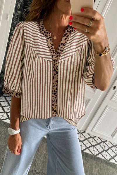 Women's Leopard-Trim Striped V-Neck Half Sleeve Blouse