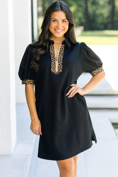 Women's Leopard Trim Zip-Collar Mini Dress with Puff Sleeves