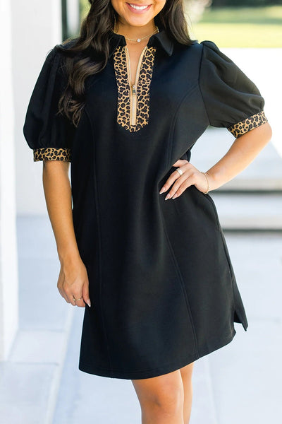 Women's Leopard Trim Zip-Collar Mini Dress with Puff Sleeves