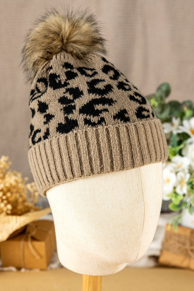 Women's Light Beige Leopard Knit Beanie with Faux Fur Pom