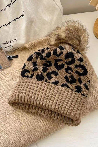 Women's Light Beige Leopard Knit Beanie with Faux Fur Pom