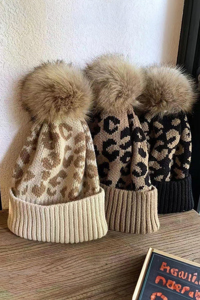 Women's Light Beige Leopard Knit Beanie with Faux Fur Pom