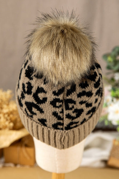 Women's Light Beige Leopard Knit Beanie with Faux Fur Pom